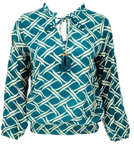 GURU SHOP Schlupfpbluse Boho Chic, Luftige Langarmbluse - Petrol/weiß, Damen, Size:M