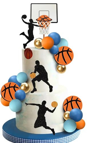 CharmeFleur 24 Stück Basketball Kuchendekorationen Blau Orange Basketball Thema Kuchen dekorieren für Jungen Sport Kuchen Party Dekorationen Sport Party