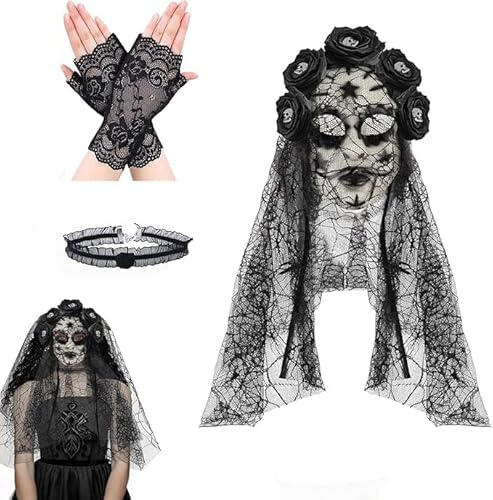 WZBBJuser Karneval Blumen Maske mit Schleier, Rosen Maske Damen, Karneval Maskerade Kopfschmuck Set mit Schleier, Handschuhen und Halsband, für Karneval Cosplay Party
