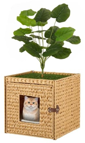 unipaws Cat Litter Box Enclosure with Faux Plant and Litter Mat, Hidden Handwoven Rattan Planter Cat House Furniture, DIY Decoration on Square Top By Yourself, For Living Room, Bedroom, Corner