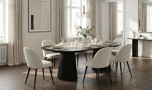 Esstisch oval ausziehbar - Essgruppe Tokyo 7-teilig für 6 Personen Schwarz 120x120-160/200 cm Tisch mit 6 beigen Samt Stühlen Esszimmergruppe Speisegruppe Wohnküche Esszimmermöbel Essplatzmöbel
