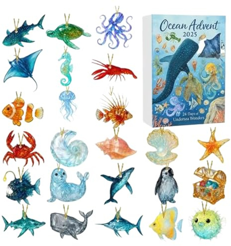 Adventskalender 2025 Kinder Sea Glass Thema, 24 Tage Maritimer Adventskalender mit realistischen Meerestieren Deko Figuren, für Weihnachten, Kinder und Sammler (26 x 18 x 3 cm)