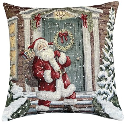 Home of Christmas Hochwertiger Gobelin Kissenhülle für Weihnachten 45x45 cm | Kissenbezug | Weihnachtskissen | Sofakissen | Wertige Dekokissen (Santa zu Hause)