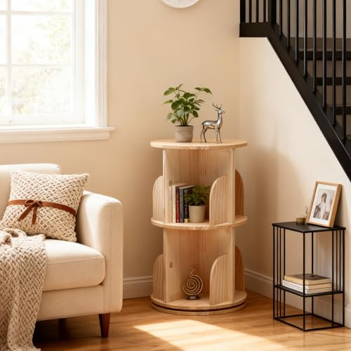 Thaookte Drehbares Bücherregal, Massivholz Standregal Drehregal, Büroregal Dekoregal 360° Frei Drehbar mit 2 Ebenen Ø39cm, H 67cm, Bücherschrank Rundes Ordnerregal für Kinderzimmer, Schlafzimmer