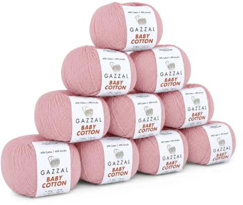 Gazzal Baby Cotton - 60% Baumwolle-10 Knäuel je 50 g/165 m - dünne Wolle zum Häkeln und Stricken - Strickgarn - Häkelgarn - Pflegeleicht und Hautfreundlich - Nadelstärke 3-4 (PFINGSTROSE)