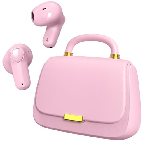 ANCwear Pink Wireless Earbuds with Mini Handbag Case, 22H Playtime | Bluetooth 5.3, 13mm drivers, 3.5g lightweight ear buds, touch controls and 26 DIY stickers for music, calls and gifting