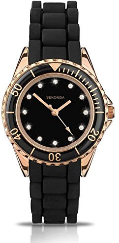 Ladies Sekonda black & rose tone silicone strap watch 4743