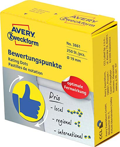 AVERY Zweckform selbstklebende Klebepunkte 250 Stück (flexible Bewertungspunkte auf Rolle im Spender, Ø 19mm, Aufkleber Daumen in Blau/Gelb, zum Abstimmen, Bewerten und Kennzeichnen) Art. 3861