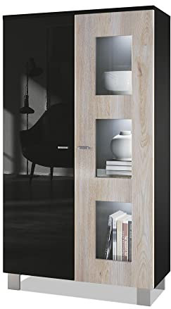 Vladon Vitrine Denjo, Made in Germany, Standvitrine mit 2 Türen und 3 Glaseinsätzen, Schwarz matt/Schwarz Hochglanz/Eiche Nordic, inkl. LED-Beleuchtung (71 x 129 x 35 cm)