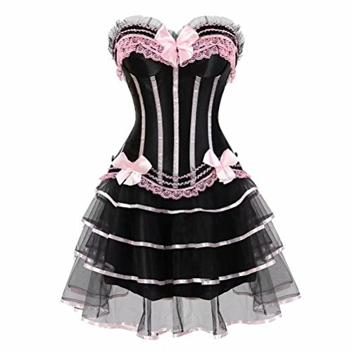 Jutrisujo Femme Rayures Overbust Corset Bustiers Jupe Tutu Set Robe Lingerie Sexy Dentelle Halloween Rose L