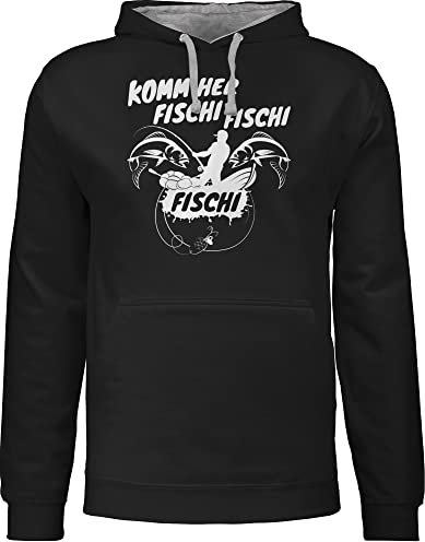Pullover Herren Frauen Hoodie Kontrast zweifarbig - Angler Geschenke & Angeln Zubehör - Komm her Fischi - XL - Schwarz/Grau meliert - Fischer Fische Pulli angelpullover sprüche, Fisch Hoody