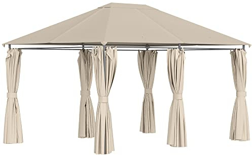 Outsunny Gazebo da Giardino 4x3m con 6 Pareti Rimovibili, Struttura in Metallo e Telo in Poliestere Beige
