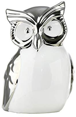 GILDE Moderne Skulptur Dekofigur Eule aus Keramik weiß und Silber Höhe 14 cm Breite 11 cm