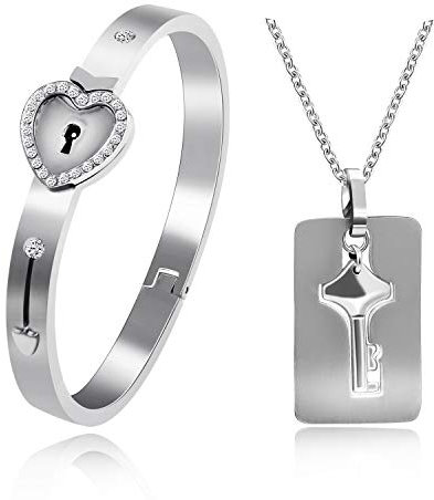 Uloveido Couples Rose Gold Plated Lock Bangle Bracelet and Key Necklace with Cubic Zirconia for Women and Men Stainless Steel Necklace Bracelet Set for Boyfriend Girlfriend Y474