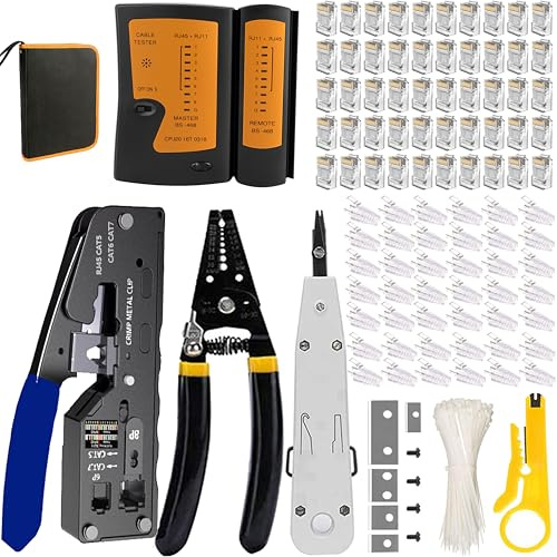 MAYLINE Network Crimping Wire Stripper Tool Kit RJ45, Crimper CAT5/CAT6 CAT7 Pass Through LAN Cable Repair Set, Professional Wire Crimp Punch Down 6P/8P Crimper Strip Cutter(Blue)