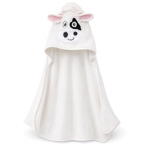 Minky Mooh® - Badeponcho Motiv Kuh für Baby & Kinder mit Kapuze (ab 1 Jahr) Bio-Baumwolle (Öko-Tex 100) 75x75cm weiß - Frottee Bademantel & Badetuch Mädchen & Jungen - Babyhandtuch & Kapuzenhandtuch