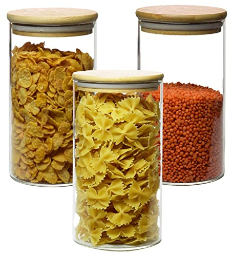 gouveo 3er Set Glasbehälter 1400 ml rund aus Borosilikatglas mit Deckel - Vorratsgläser 1,4 l mit Verschluss - Aufbewahrungsgläser, Glasdosen, Vorratsdose, Nudelglas