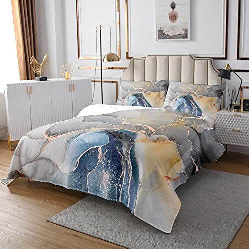 Homewish Grau Blau Marmor gesteppt für Kinder Teens Mann Frauen Goldene Marmorkorn Tagesdecke 240x260 Bronzing Pailletten Bettdecke Set Abstrakte Marmor Kunst Quilt Set Mit 2 Kissenbezüge