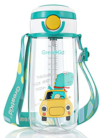 Gourde Enfant avec Paille 500ml,Gourde Sport,Bouteille d'eau Enfant sans BPA Tritan, Gourde Étanche Réutilisable pour École, Adulte,Sport, Maternelle-Vert
