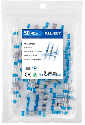Kuject Lötverbinder Blau, 50stk Schrumpfschlauch mit Lötzinn, Kabelverbinder Wasserdicht 4,0-6,0mm², AWG 12-10
