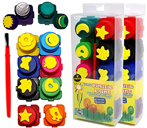 ZACTLY Multipack - 2 x 4 in 1 11PCS Kids Finger Paints With Colorful Fun Stamps, Interlocking Blocks And Brush – Non-toxic, Safe & Washable Arts Paint Set Kit For Toddlers Babies Adults Gift Set (2)
