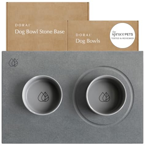 Dorai Home Dog Bowls + Stone Base Set – Modern and Stylish Pet Feeding Station – Non-Slip, Quick Drying Base with Diatomaceous Earth – Includes 2 Bowls and Base – Slate
