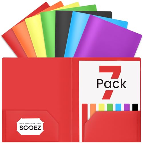 Sooez 7 Pack Folders with Pockets, 2 Pocket Folders with Extra Labels, Plastic Folder with Pockets, Heavy Duty File Folder Bulk, School Business Office Filing Supplies
