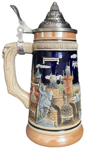 Jarra de cerveza alemana con emblema del castillo de Praga, jarras de Oktoberfest con tapa, regalos de Pascua para hombres, papá, mejor amigo, entusiasta de la cerveza, auténticos recuerdos