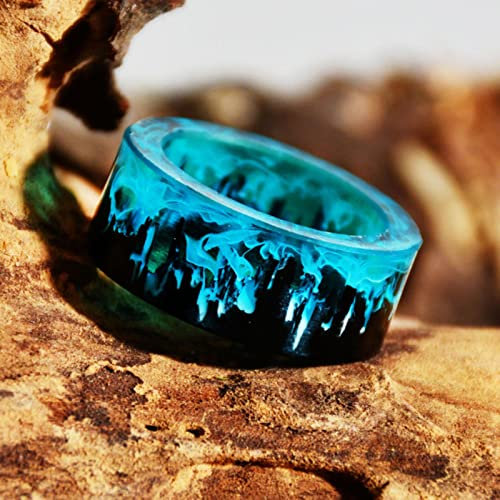 Blauer Harzring Berge Holz Innen magische Welt in einer winzigen Landschaft Ring für Frauen Männer Schmuck Frauen Finger Punk Schmuck