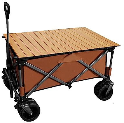 SLDAGe Handcart Foldable with Brake, Beach Trolley with Table top, 150 L Outdoor Handcart with All-Terrain, Off-Road Wheels, Foldable Handcart Garden Trolley for All Terrain Brown