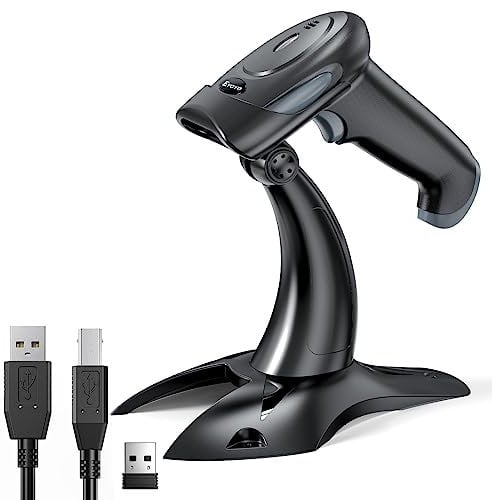 Eyoyo 2D Wireless Barcode Scanner with Stand, 2.4G Wireless & USB Wired, Cordless 2500mAh Rechargeable USB Handheld QR Bar Code Reader for PC Warehouse Inventory Management