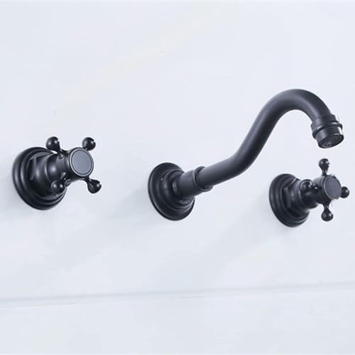 JQFDD Robinet de Lavabo Mural Encastré Noir Mitigeur Lavabo Poignée Double Eau Chaude et Froide Trois Trous Mitigeur Salle de Bains Vintage Multifonction