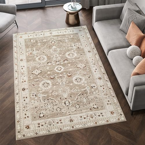 TAPISO Retro Teppich Kurzflor Beige Weiss Grau Klassisch Ornament Vintage Blumen Bordüre Rahmen Wohnzimmer Schlafzimmer ÖKO-TEX 120 x 170 cm