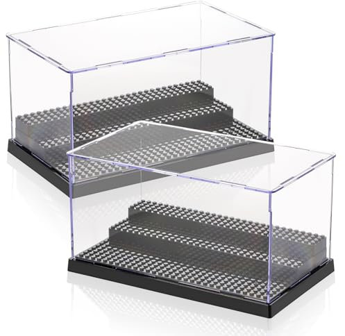 ZEAYEA 2 Pack Display Case for Minifigure Action Figures Blocks, Acrylic Display Box Storage with 3 Movable Steps, Dustproof Showcase for Collection Bricks Blocks Models Minifigures Building, Black