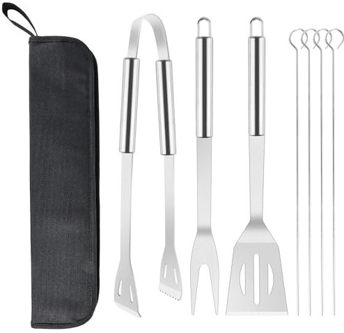 Grillbesteck Set Werkzeug-Set, 7-teilig BBQ Grill Werkzeuge Zubehör, Grillgabel, Grillklammern, Spatel, Grillstäbchen, Edelstahl BBQ Grillen Kochwerkzeug mit Tragetasche für Garten und Camping