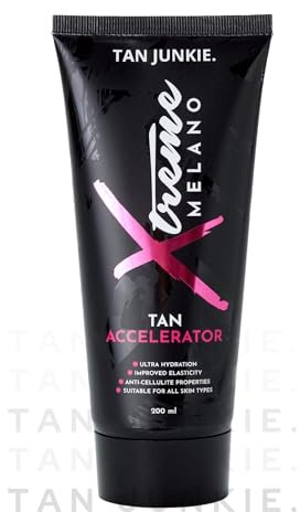 Tan Junkie Xtreme Melano Sunbed Cream 200ml - Luxurious Tanning Accelerator, Deep Tan Enhancer with Anti-Cellulite Benefits, Hydrating Sunbed Tanning Lotion with Amethyst & Gemstone Extracts