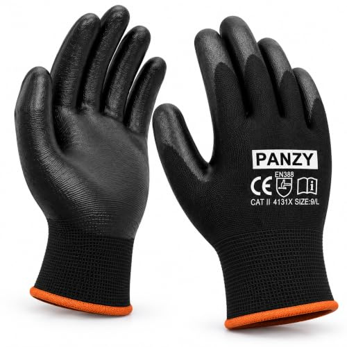 Panzy Packung mit 12 oder 24 schwarzen Sicherheits-Arbeitshandschuhen, rutschfeste Arbeitshandschuhe aus PU und Nylon für den Außenbereich, Schutzhandschuhe (12, Medium (8))