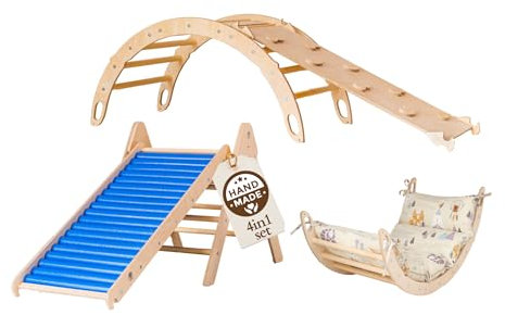 WoodsCraft 4in1 Set: Kletterdreieck mit Rutsche Indoor/Klettern Rampe, Rollenrutsche & Kletterbogen | Holz Montessori Klettergerüst Indoor Spielgeräte | Klettern Kinder Indoor & Klettern Baby