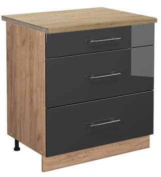 Vicco Küchenunterschrank Fame-Line, Anthrazit Hochglanz, 80 cm mit 3 Schubladen, AP Eiche, zur Kombination mit weiteren Modulen der Fame-Line Serie