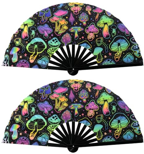 2 Stück Handfächer, Holografischer Rave Fan, UV Glühen Großer Faltbarer Bambus Holz für Party Tanz Leistung Club Hochzeit Geschenke