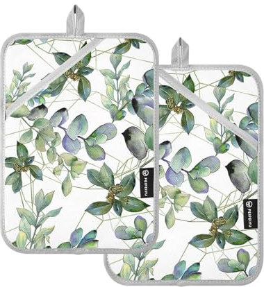 KLL Set di presine per cucina, confezione da 2 presine resistenti al calore per cucine con tasche, cuscinetti caldi per forno da cucina, 24,9 x 17,8 cm, stile foglie di bosso