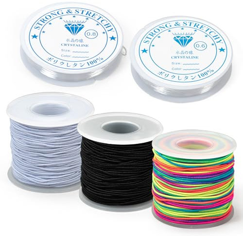 Gummiband für Armbänder 5 Rollen, 2 Rollen Elastisches Band für Armbänder Transparent (0.6mm und 0.8mm), 3 Rollen Reißfeste bänder für armbänder (1mm), für DIY Schmuckherstellung, Halsketten