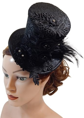 Nashimiron Design Midi Zylinder mit Spitze, Schwarz, Minihat | Gothic Headpiece, Steampunk Kopfschmuck, Cosplay Haarschmuck, Party Hütchen, Damenhut