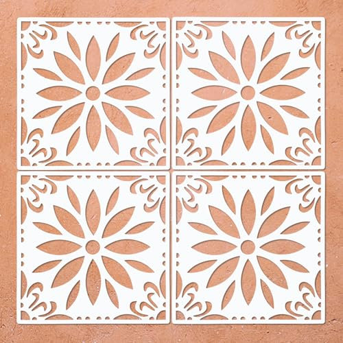 Floor Tile Stencils Reusable Concrete Floor Stencil Mandala Stencil Sunflower Stencil for Painting Floors, Tiles, Walkway, Patio, Porch, Concrete Floor, 4-Pack, 8 x 8