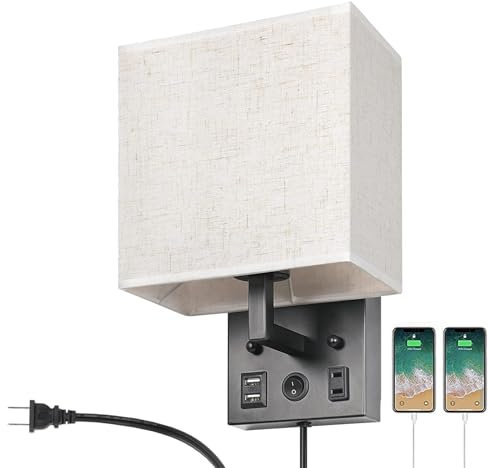 Innenbereich Wandleuchte mit Schalter Stecker Wandlampe mit 2 USB Ladefunktion Anschlüsse Wandlicht Modern Schwarz Nachttischlampe Wandbeleuchtung für Schlafzimmer Leinen Lampenschirm (1 Stück)