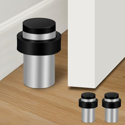 Door Stops, Door Stoppers for Floor Wall with Rubber Bumper, Brushed Nickel, 50mm Indoors Outdoors Door Stop, Heavy Doorstops for Skirtings, Cylindrical, 2 Pack