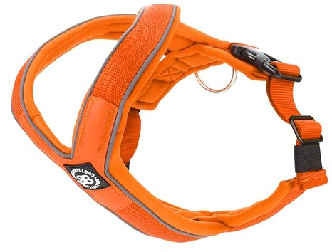 BullyBillows Hundegeschirr zum Hineinschlüpfen – Orange, Gr. XL | Y-Form mit Schaumstoff- und Neopren-Polsterung, verstellbar, Reflexstreifen und Edelstahl-D-Ring für Sicherheit.