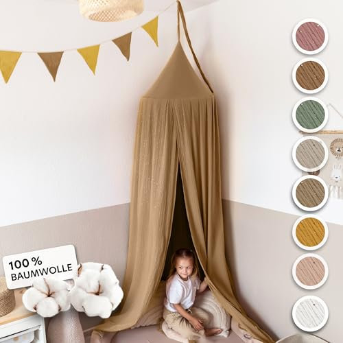 lilimaus Baldachin Kinderzimmer mit Goldapplikation [in 12 Farben] Betthimmel aus 100% Baumwolle Musselin Mädchen & Jungen - Babybett Himmel als Babyzimmer Deko - Vorhang für Kinderbett, Kuschelecke