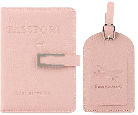 Greyoe Reisepasshülle, Reisepass Organizer, Passport Cover, PU-Leder Reisepass Hülle + Kofferanhänger, für Damen und Herren Urlaub Zubehör Travel Essentials (Rosa B, 1)