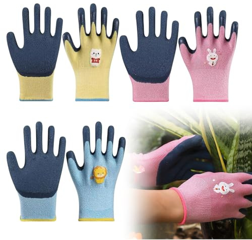 LEKEFETO 6 Paar Arbeitshandschuhe für Kinder, 3-5 Jahre Gartenhandschuhe Kinder, Handschuhe Schutzhandschuhe Mädchen und Jungen für DIY Gartenarbeit Arbeiten Spielen (Rosa+Blau+Gelb)